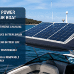 Marine solar panel system charging boat batteries to reduce battery drain, extend battery life, and provide reliable power for onboard electronics and accessories during extended trips.