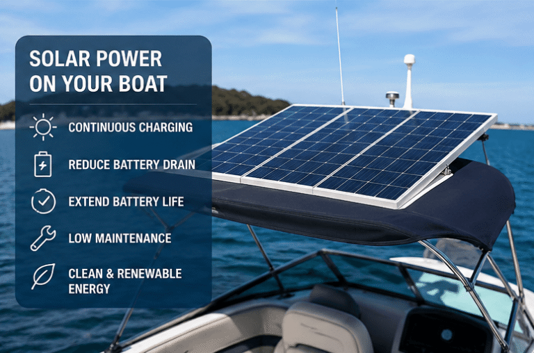 Marine solar panel system charging boat batteries to reduce battery drain, extend battery life, and provide reliable power for onboard electronics and accessories during extended trips.