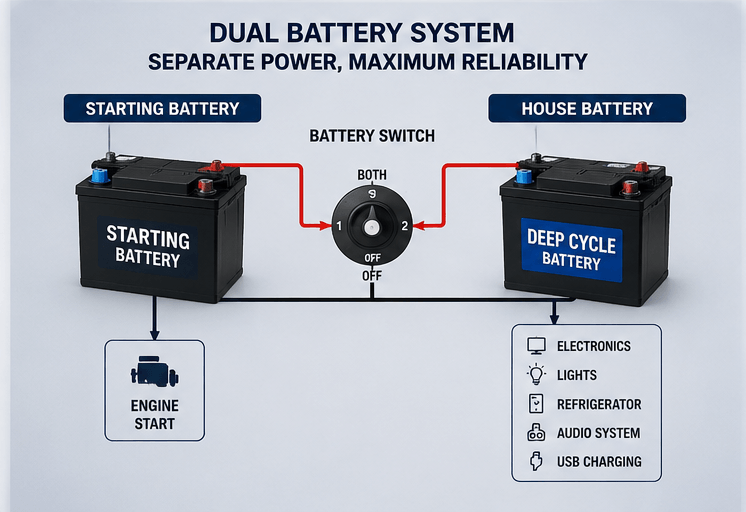 Dual battery boat setup featuring a starting battery, deep-cycle house battery, and automatic charging relay (ACR) designed to safely power marine accessories while protecting engine-starting power.