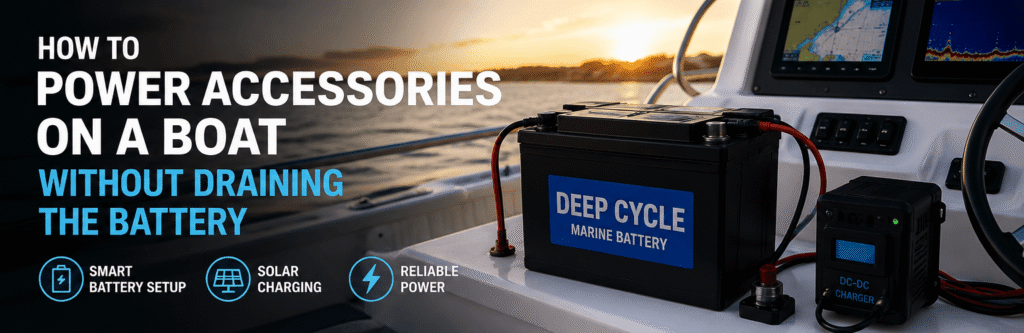 Dual battery boat setup featuring a starting battery, deep-cycle house battery, and automatic charging relay (ACR) designed to safely power marine accessories while protecting engine-starting power.