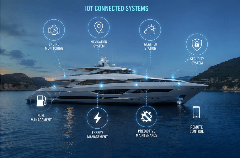 Connected smart yacht systems illustrating IoT integration including engine monitoring, energy management, navigation control, and predictive maintenance technology