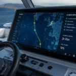 Smart boat navigation dashboard showing AI-powered route optimization, digital marine map, and real-time sailing data inside a modern yacht cockpit