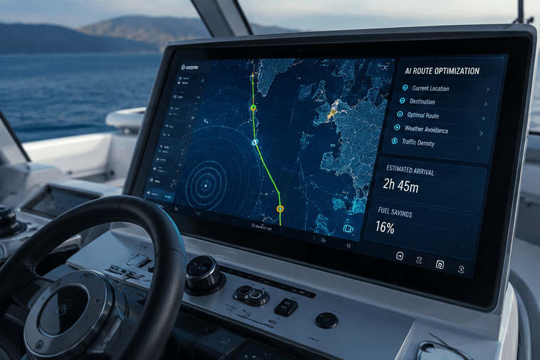 Smart boat navigation dashboard showing AI-powered route optimization, digital marine map, and real-time sailing data inside a modern yacht cockpit