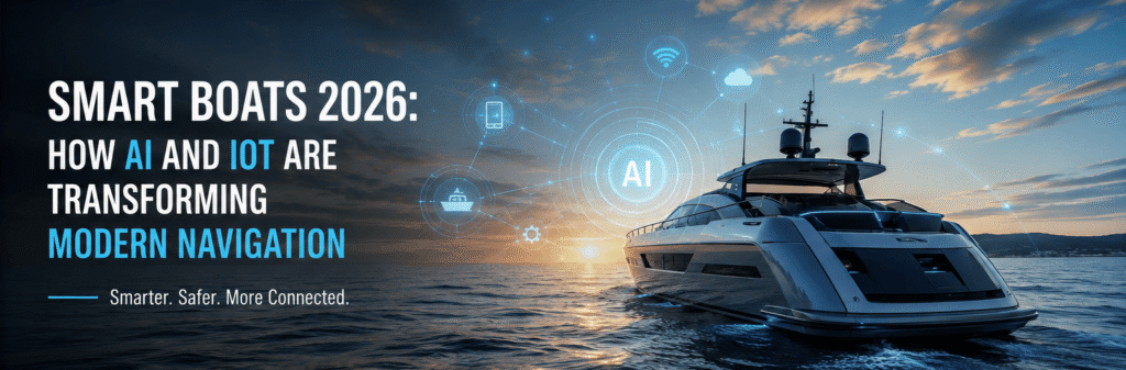 Futuristic smart yacht cruising at sunset with AI and IoT interface overlays, representing Smart Boats 2026 and advanced marine navigation technology