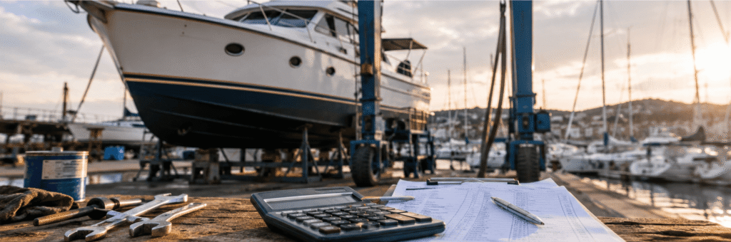 A motor yacht undergoing maintenance in a European marina, highlighting the rising costs of boat ownership, repairs, labor, and marine services across Europe.