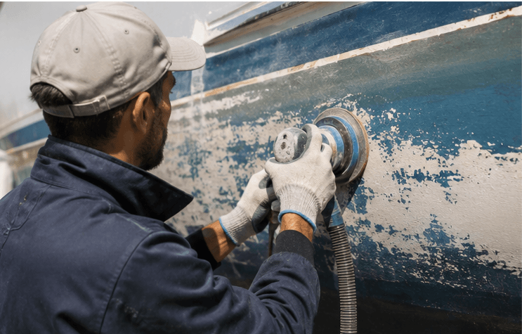 Marine technician performing hull maintenance on a recreational boat, illustrating the importance of preventive servicing and the increasing labor costs in the European boating industry.