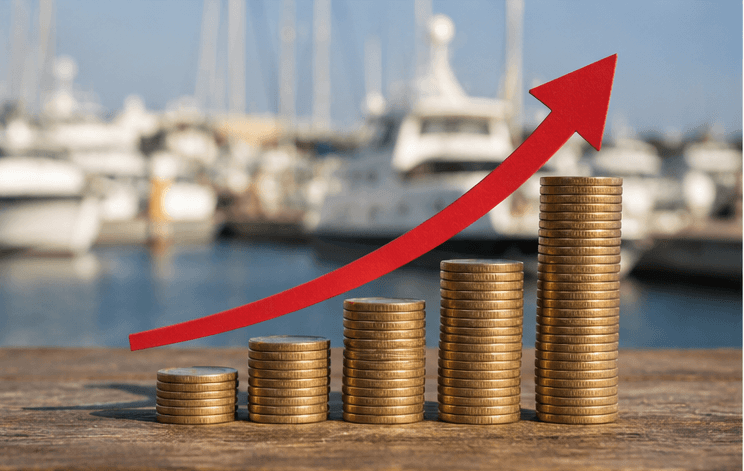 Boat maintenance cost concept with a marina background and rising expenses, representing inflation, higher marina fees, and increasing prices for marine parts and repairs in Europe.